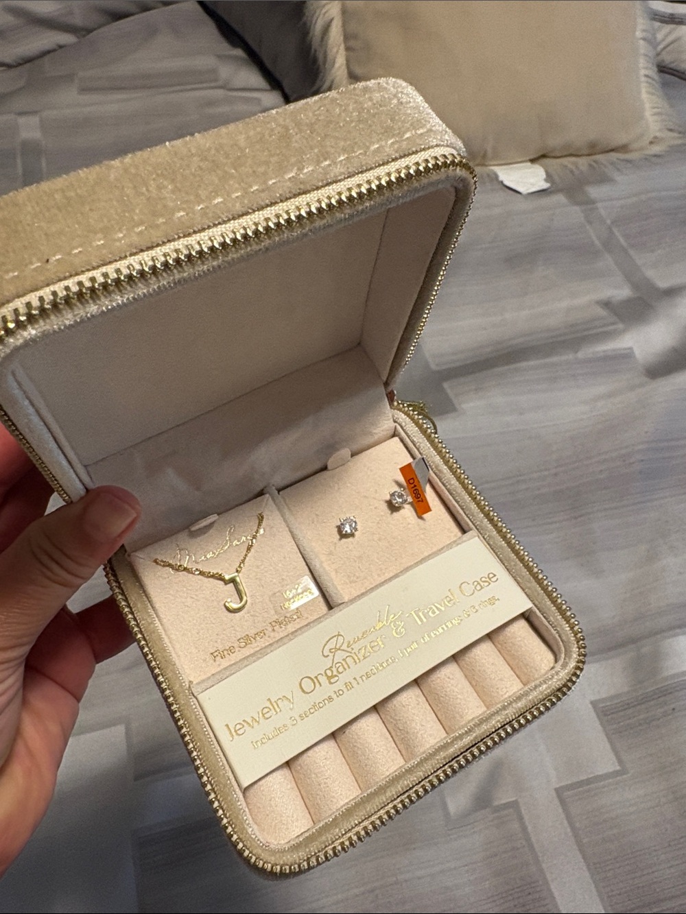 Beige Velvet Jewelry Organizer Travel Case w/ necklace/ earrings